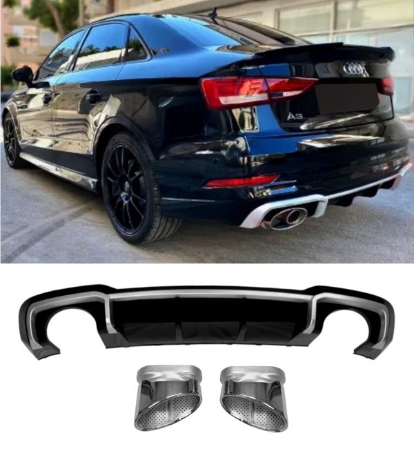 REAR DIFFUSER WITH SILVER TIPS RS3 STYLE GLOSS BLACK FOR AUDI A3 8V FACELIFT 17+