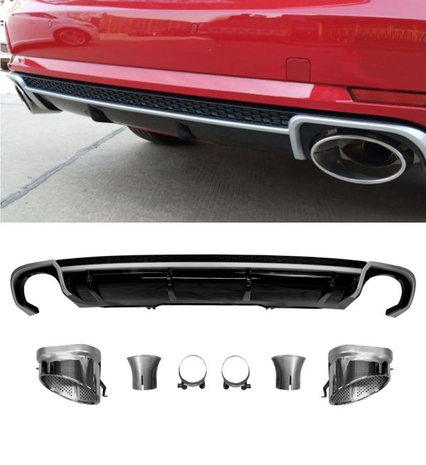 REAR DIFFUSER AND SILVER TIPS RS4 STYLE GLOSS BLACK FOR AUDI A4 B9 SALOON PRE-FACELIFT 2016-2019