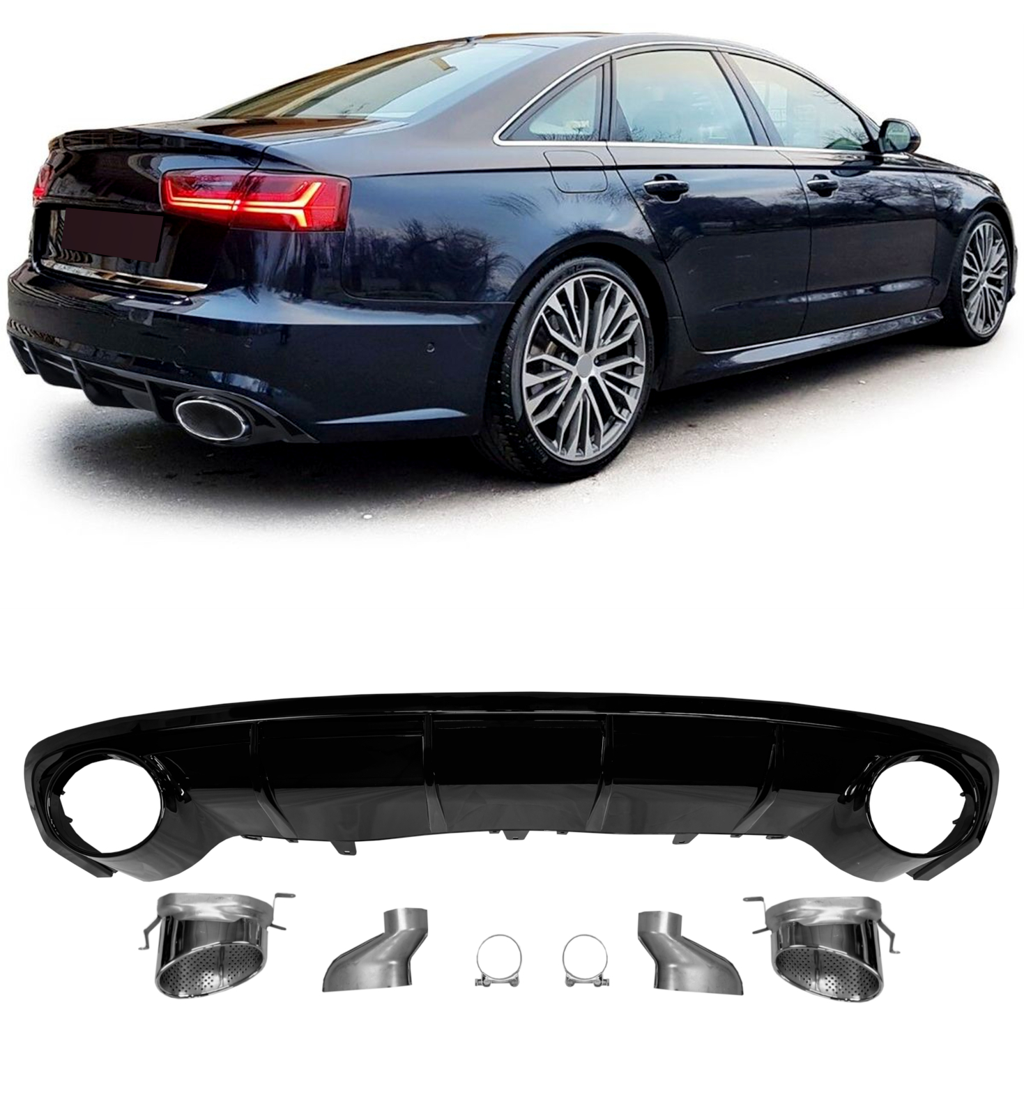 REAR DIFFUSER WITH SILVER TIPS RS6 STYLE GLOSS BLACK FOR AUDI A6 C7 FACELIFT