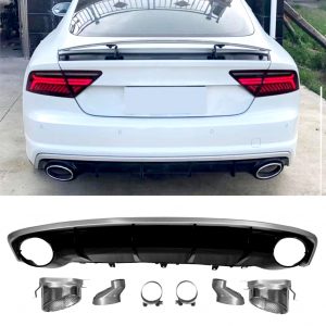 REAR DIFFUSER WITH SILVER TIPS RS7 STYLE GLOSS BLACK FOR AUDI A7 4G8 FACELIFT