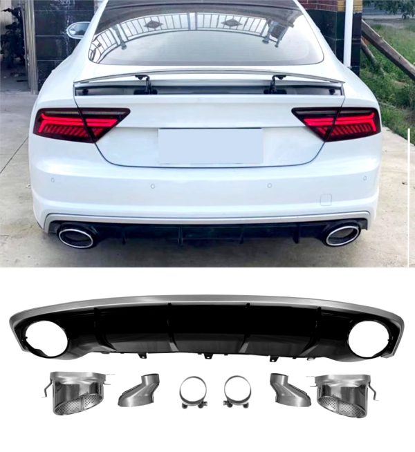 REAR DIFFUSER WITH SILVER TIPS RS7 STYLE GLOSS BLACK FOR AUDI A7 4G8 FACELIFT