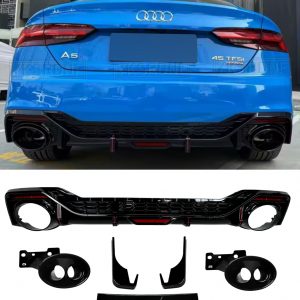 REAR DIFFUSER WITH BLACK TAIL PIPE TIPS RS5 STYLE GLOSS BLACK FOR AUDI A5 2020+
