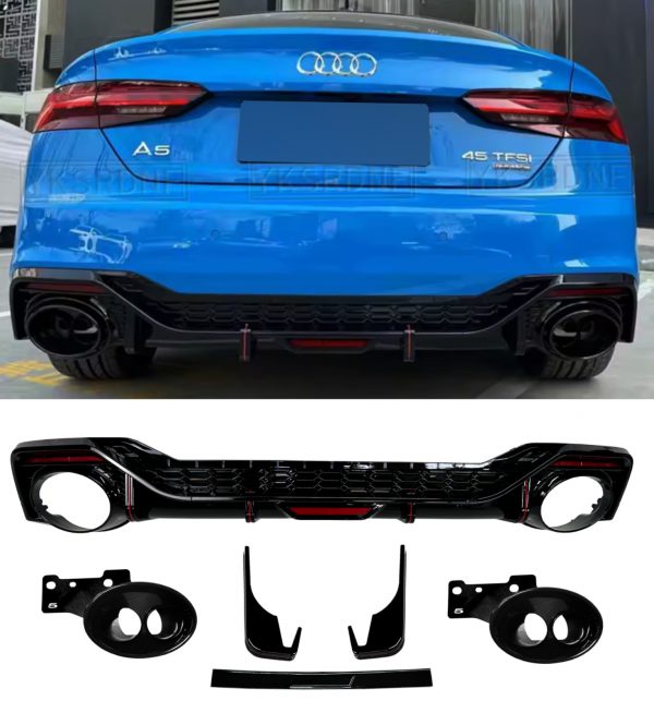 REAR DIFFUSER WITH BLACK TAIL PIPE TIPS RS5 STYLE GLOSS BLACK FOR AUDI A5 2020+