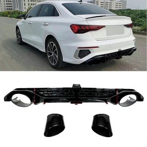 REAR DIFFUSER WITH BLACK TIPS RS3 STYLE GLOSS BLACK FOR AUDI A3 8Y SALOON 2021+