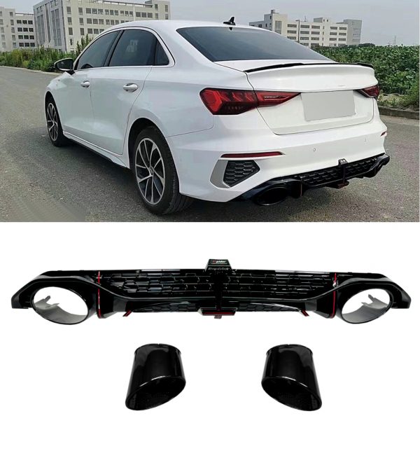 REAR DIFFUSER WITH BLACK TIPS RS3 STYLE GLOSS BLACK FOR AUDI A3 8Y SALOON 2021+