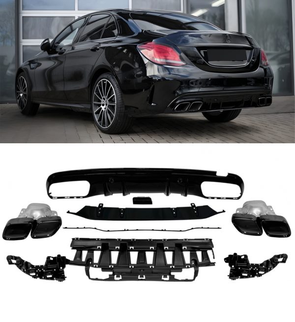 REAR DIFFUSER BLACK TIPS C63S STYLE GLOSS BLACK FOR MERCEDES C CLASS SALOON W205