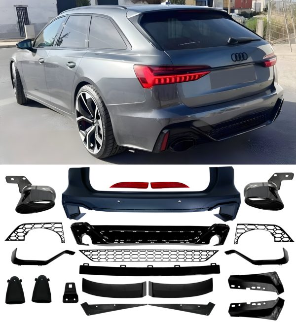 REAR BUMPER BODY KIT BLACK TIPS RS6 STYLE PRIMED FOR AUDI A6 C8 AVANT AND ESTATE