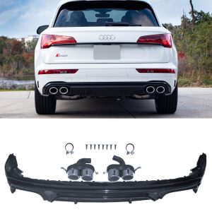 REAR DIFFUSER SQ5 STYLE GLOSS BLACK & SILVER QUAD TAILPIPES FOR AUDI Q5 18-20