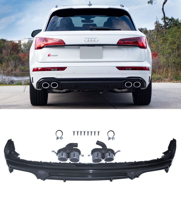 REAR DIFFUSER SQ5 STYLE GLOSS BLACK & SILVER QUAD TAILPIPES FOR AUDI Q5 18-20