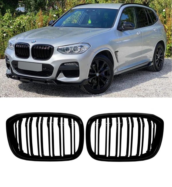 FRONT KIDNEY GRILLES DOUBLE SLAT GLOSS BLACK FOR BMW X3 G01 AND X4 G02 2018+
