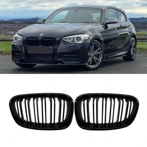 FRONT KIDNEY GRILLES DOUBLE SLAT GLOSS BLACK FOR BMW 1 SERIES F20 F21 PRE-LCI