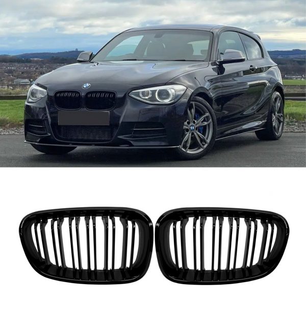 FRONT KIDNEY GRILLES DOUBLE SLAT GLOSS BLACK FOR BMW 1 SERIES F20 F21 PRE-LCI