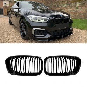 FRONT KIDNEY GRILLES DOUBLE SLAT GLOSS BLACK FOR BMW 1 SERIES F20 F21 LCI 15-19