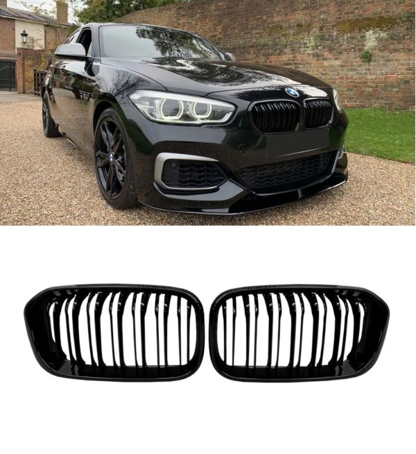FRONT KIDNEY GRILLES DOUBLE SLAT GLOSS BLACK FOR BMW 1 SERIES F20 F21 LCI 15-19