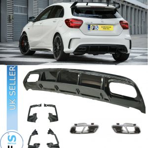 REAR DIFFUSER A45 LOOK GLOSS BLACK & SILVER TIPS FOR MERCEDES A CLASS W176 12-18