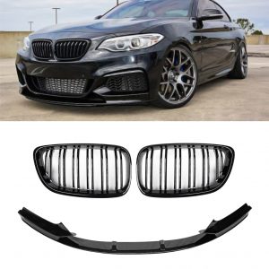 FRONT KIDNEY GRILLE WITH LIP SPLITTER GLOSS BLACK FOR BMW 2 SERIES F22 F23 14-21