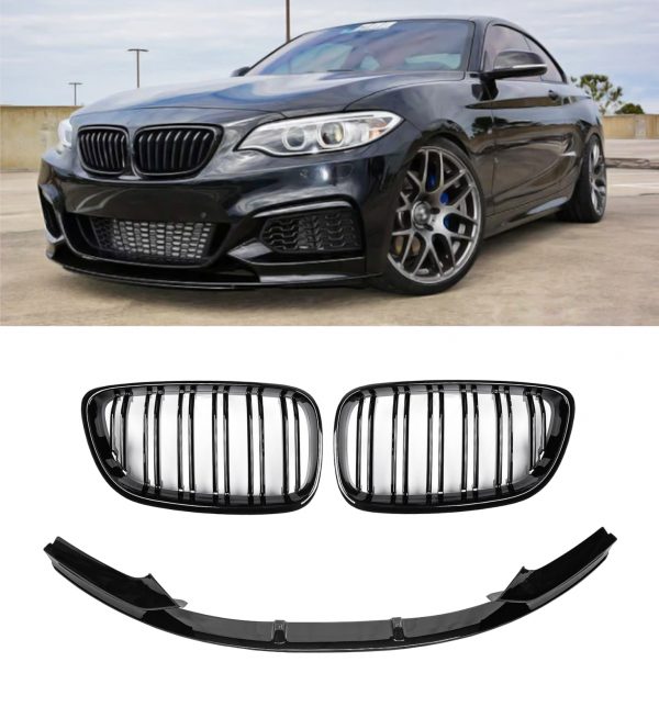 FRONT KIDNEY GRILLE WITH LIP SPLITTER GLOSS BLACK FOR BMW 2 SERIES F22 F23 14-21