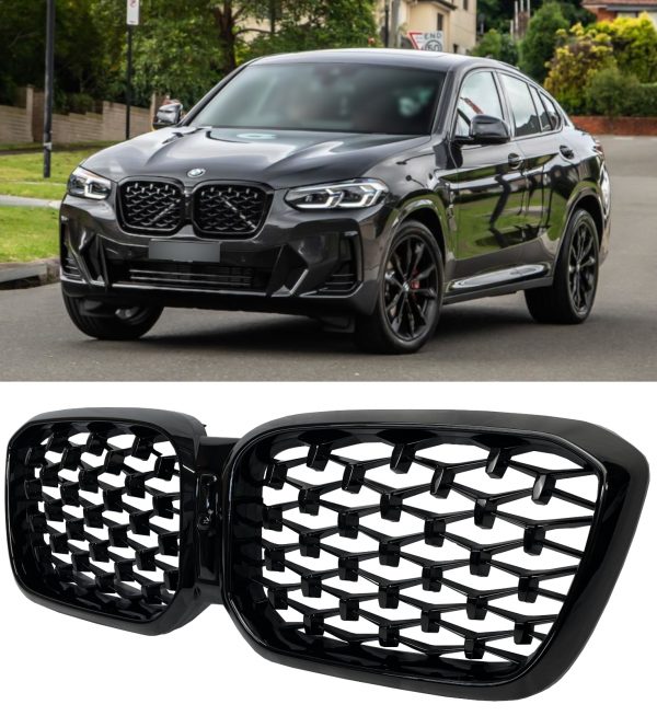 FRONT KIDNEY GRILLE DIAMOND STYLE GLOSS BLACK FOR BMW X3 X4 G01 G02 LCI 2022+ - Image 2
