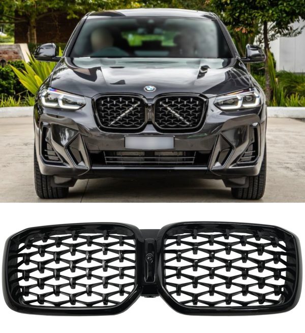 FRONT KIDNEY GRILLE DIAMOND STYLE GLOSS BLACK FOR BMW X3 X4 G01 G02 LCI 2022+