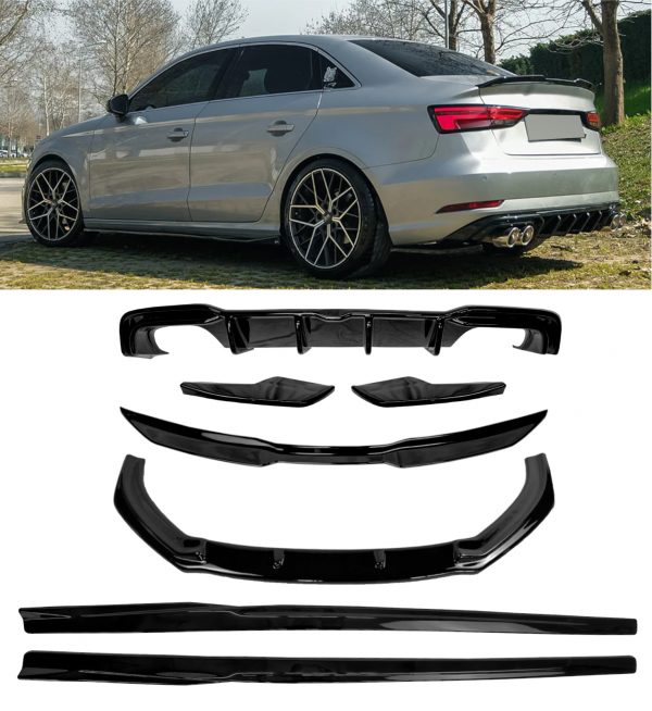 AERO BODY KIT SPLITTER DIFFUSER SKIRTS GLOSS BLACK AUDI A3 S-LINE/S3 8V FACELIFT