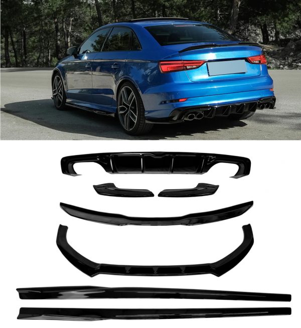 AERO BODY KIT SPLITTER DIFFUSER SKIRTS GLOSS BLACK AUDI A3 S-LINE & S3 8V SALOON