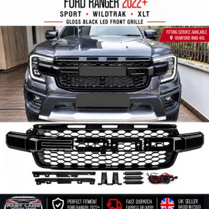 FRONT GRILLE WITH LED LIGHT GLOSS BLACK FOR FORD RANGER SPORT WILDTRACK XLT 2022+