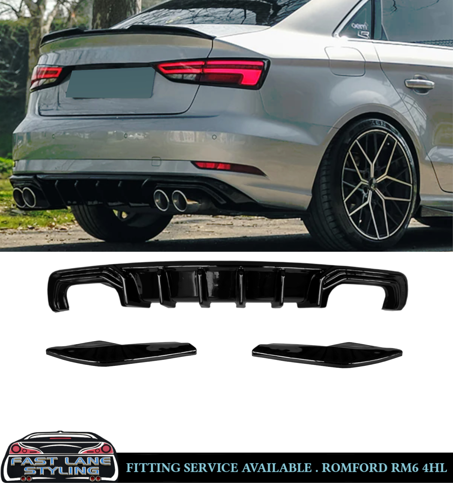 GLOSS BLACK KIT DIFFUSER SPLITTER SKIRTS FOR AUDI A3 8V SALOON FACELIFT 2016-20 - Image 2