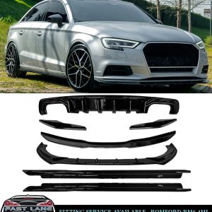 GLOSS BLACK KIT DIFFUSER SPLITTER SKIRTS FOR AUDI A3 8V SALOON FACELIFT 2016-20