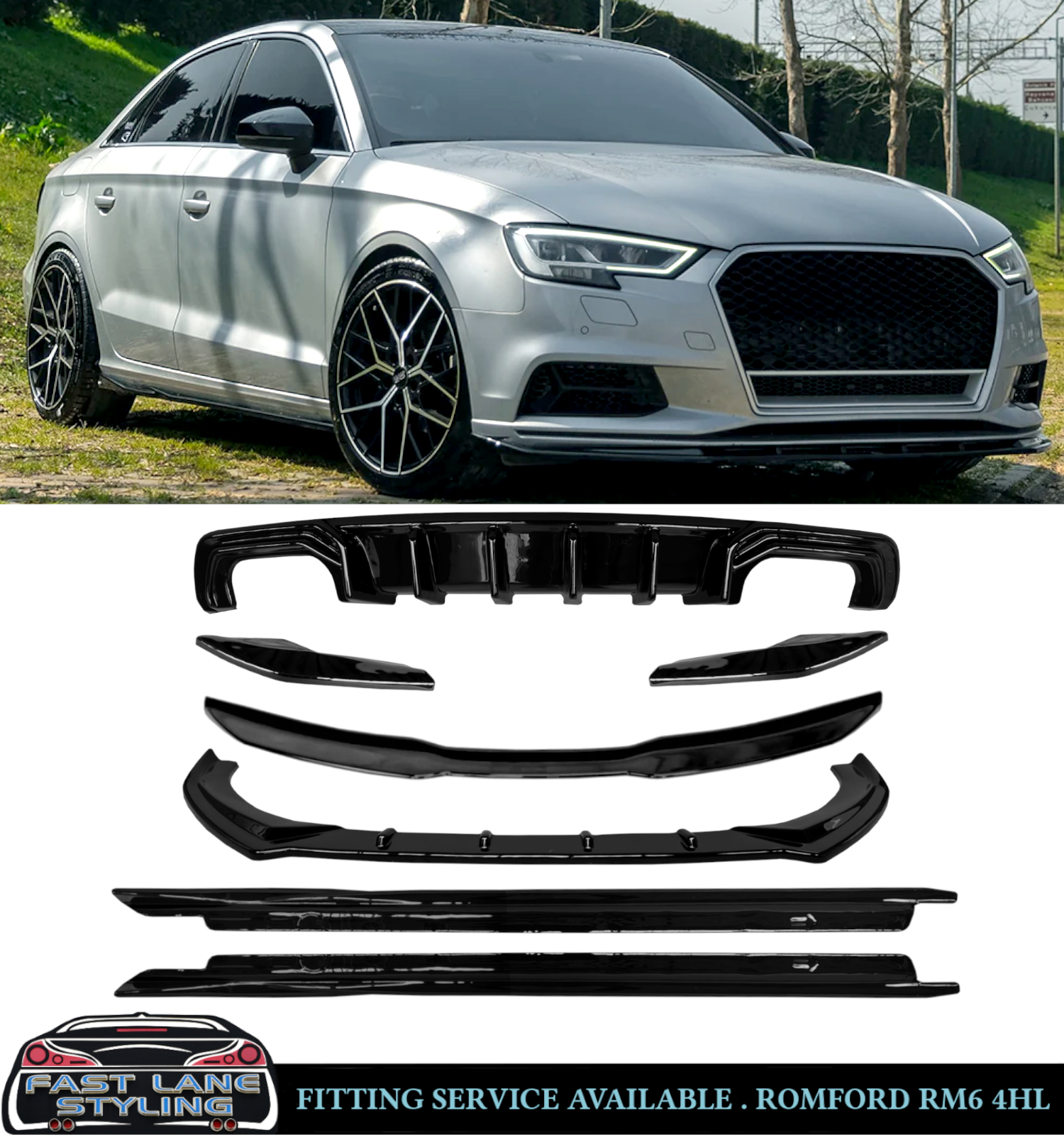 GLOSS BLACK KIT DIFFUSER SPLITTER SKIRTS FOR AUDI A3 8V SALOON FACELIFT 2016-20