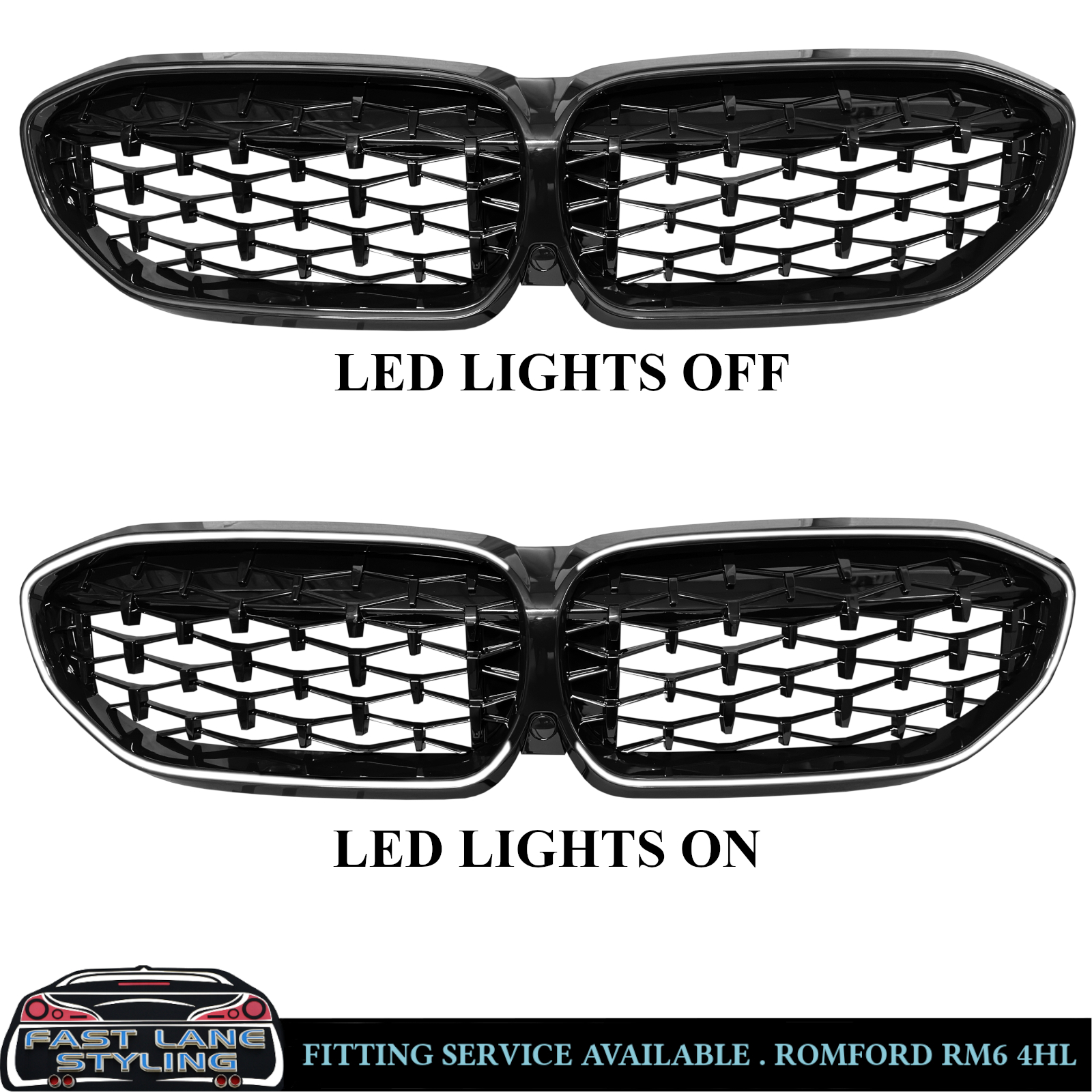 FOR BMW G20 G21 PRE-LCI DIAMOND STYLE FRONT GRILLE WITH LED LIGHTS GLOSS BLACK - Image 2
