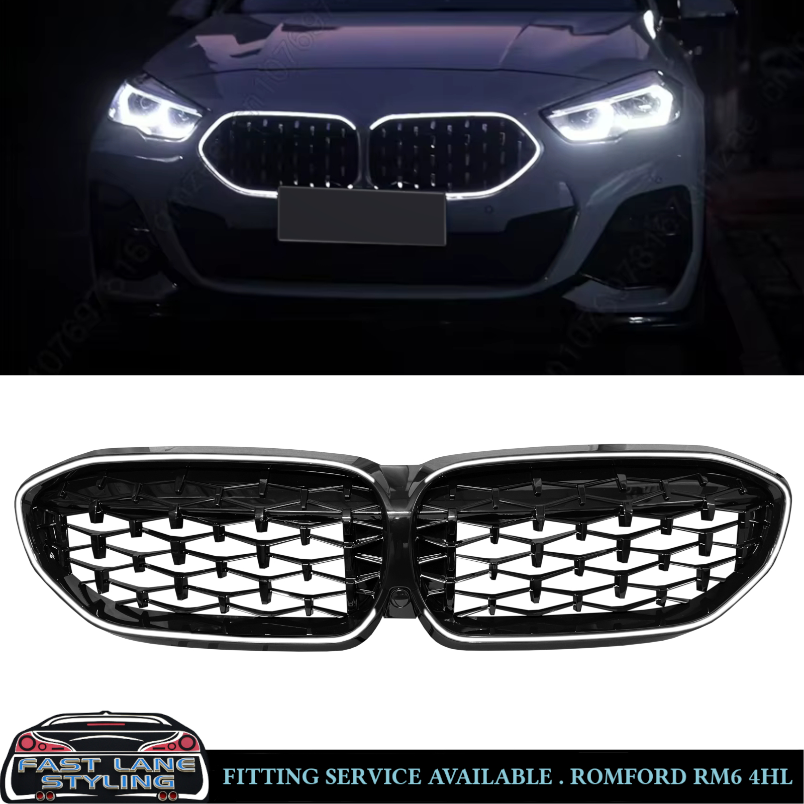 FOR BMW G20 G21 PRE-LCI DIAMOND STYLE FRONT GRILLE WITH LED LIGHTS GLOSS BLACK