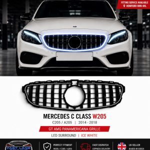 FOR MERCEDES C CLASS W205 C205 A205 2015-18 GT GRILLE GLOSS BLACK LED SURROUND