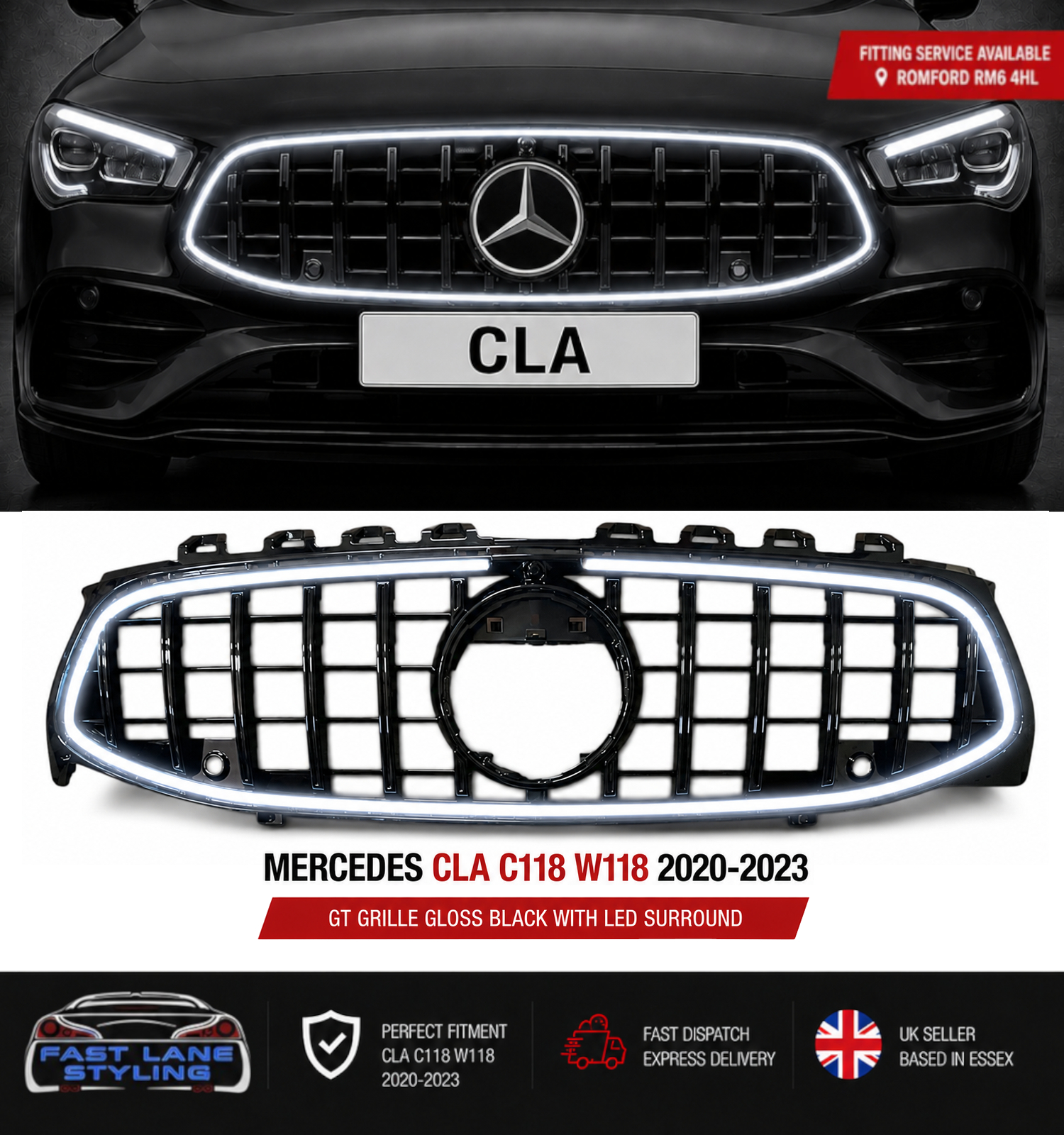 FOR MERCEDES CLA W118 C118 2020-2023 GT GRILLE GLOSS BLACK WITH LED SURROUND