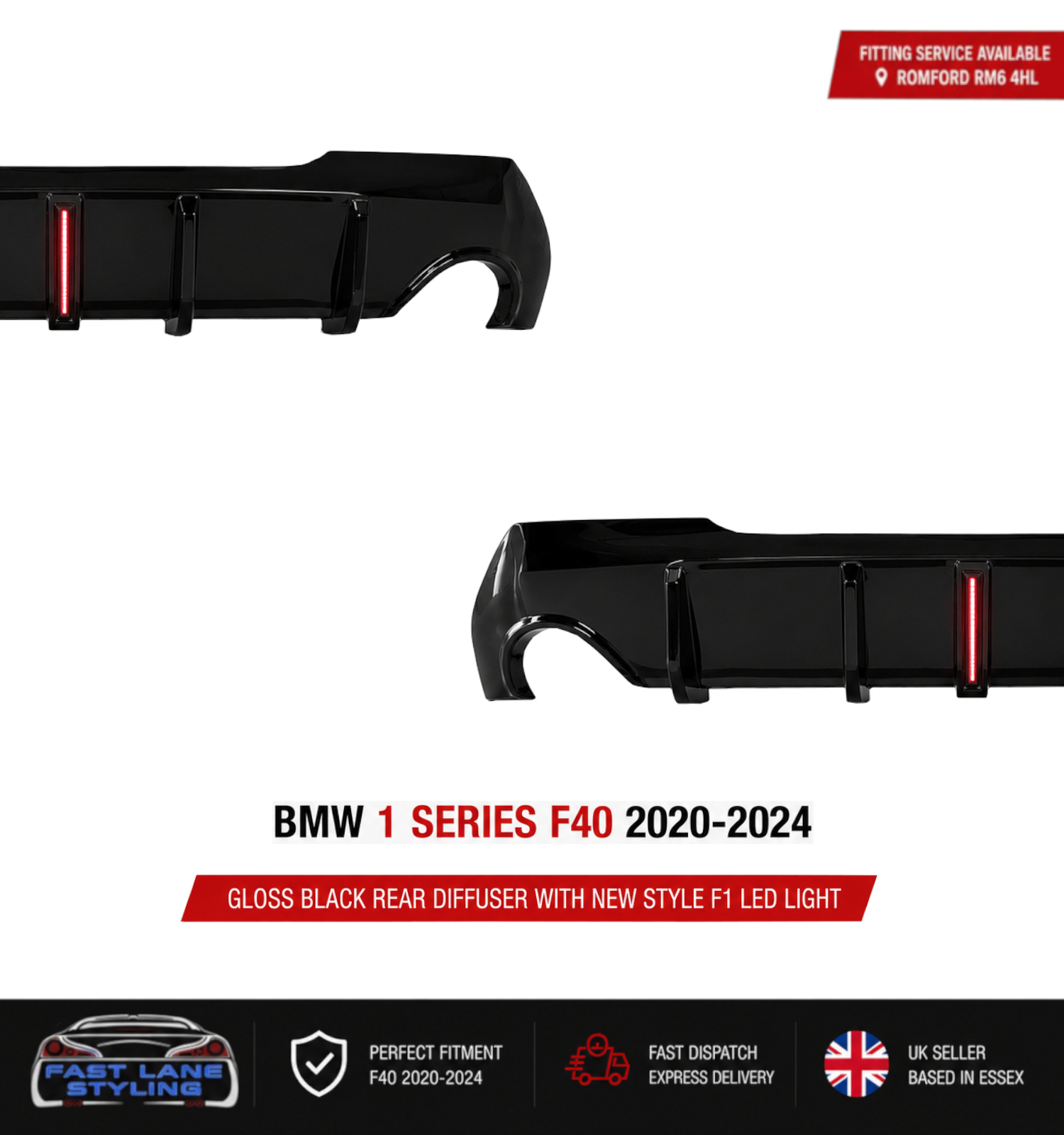 FOR BMW 1 SERIES F40 2020-2024 GLOSS BLACK REAR DIFFUSER WITH F1 LED LIGHT - Image 2