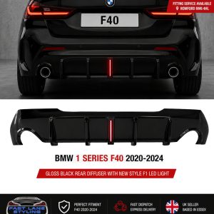 FOR BMW 1 SERIES F40 2020-2024 GLOSS BLACK REAR DIFFUSER WITH F1 LED LIGHT