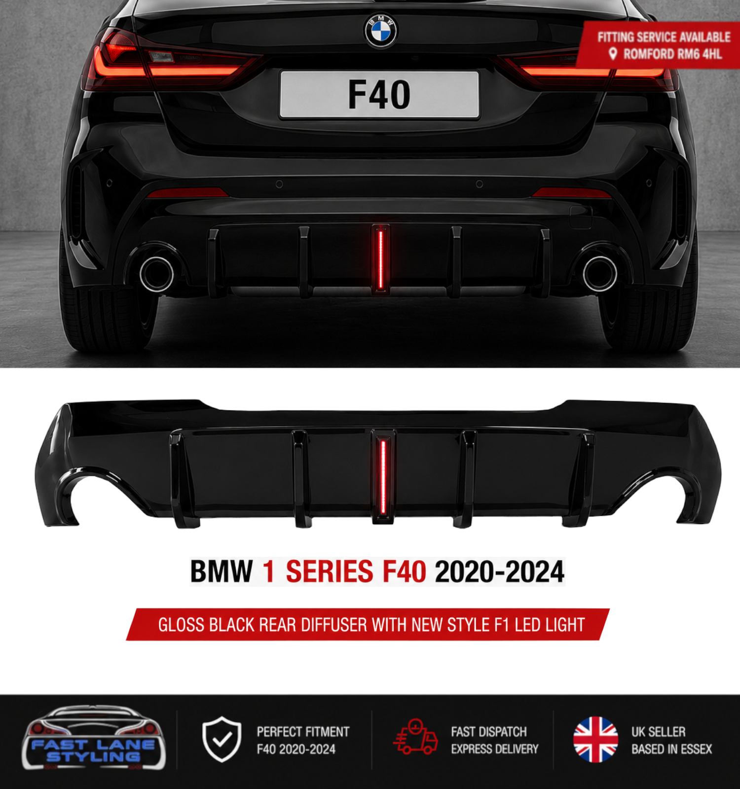 FOR BMW 1 SERIES F40 2020-2024 GLOSS BLACK REAR DIFFUSER WITH F1 LED LIGHT