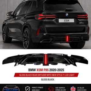 FOR BMW X5M F95 2020-2025 GLOSS BLACK REAR DIFFUSER WITH NEW STYLE F1 LED LIGHT