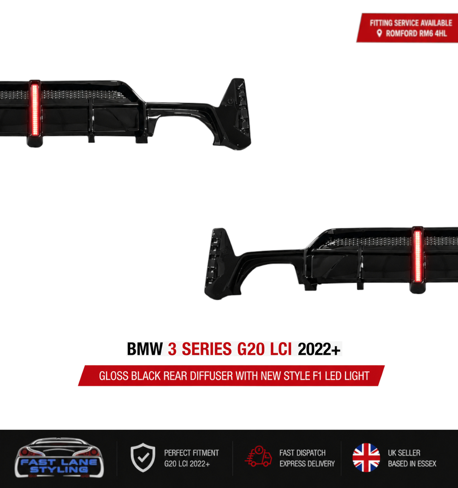 FOR BMW 3 SERIES G20 LCI ONLY 2022+ GLOSS BLACK REAR DIFFUSER WITH F1 LED LIGHT - Image 2