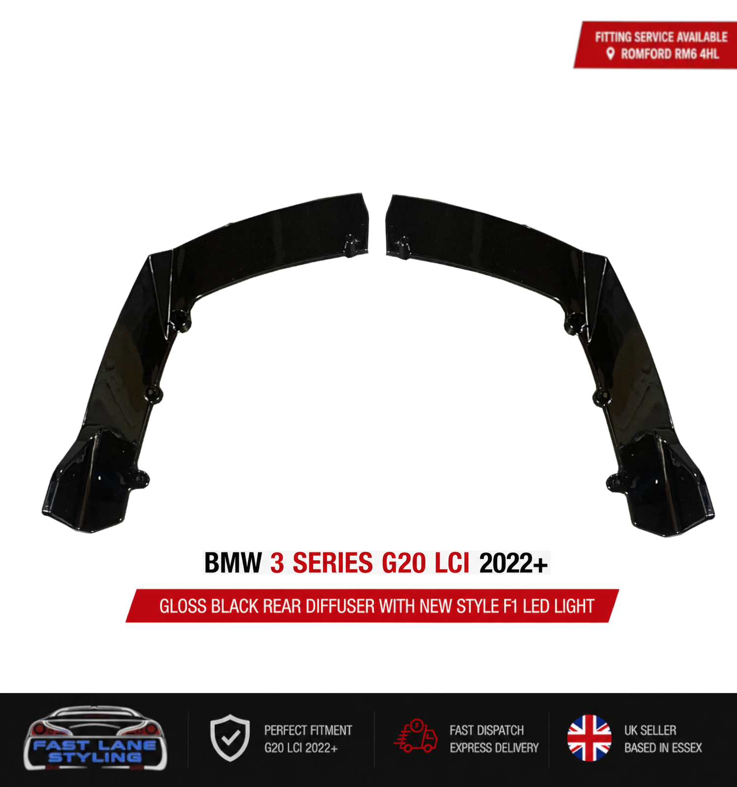 FOR BMW 3 SERIES G20 LCI ONLY 2022+ GLOSS BLACK REAR DIFFUSER WITH F1 LED LIGHT - Image 3