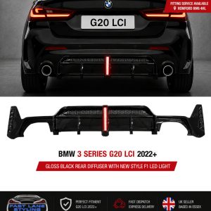 FOR BMW 3 SERIES G20 LCI ONLY 2022+ GLOSS BLACK REAR DIFFUSER WITH F1 LED LIGHT
