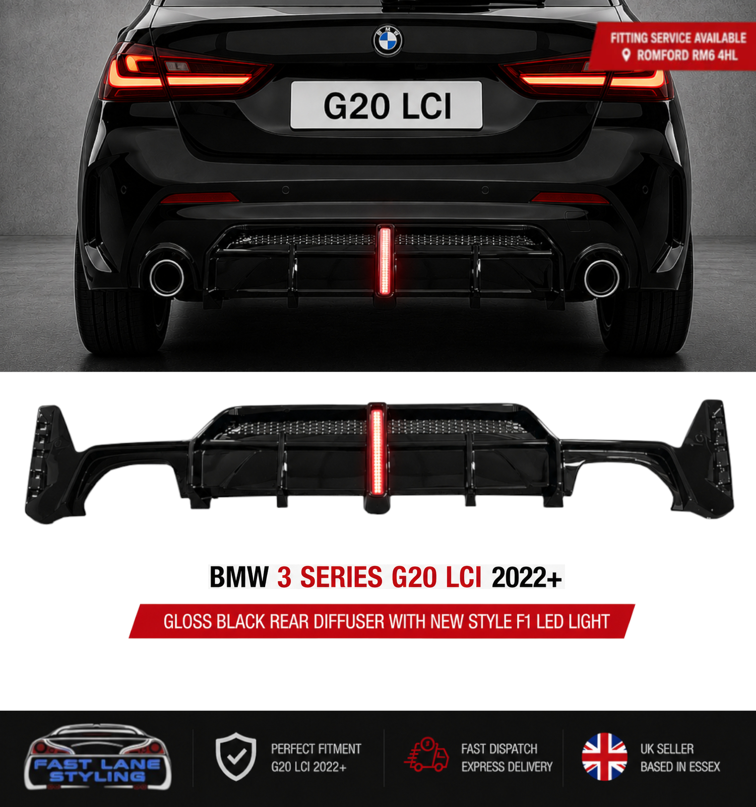 FOR BMW 3 SERIES G20 LCI ONLY 2022+ GLOSS BLACK REAR DIFFUSER WITH F1 LED LIGHT