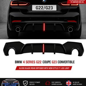 FOR BMW 4 SERIES G22 COUPE G23 CONVERTIBLE GLOSS BLACK DIFFUSER W/ F1 LED LIGHT