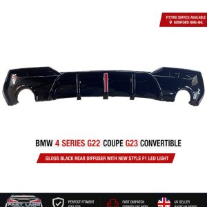 FOR BMW 4 SERIES G22 COUPE G23 CONVERTIBLE GLOSS BLACK DIFFUSER W/ F1 LED LIGHT
