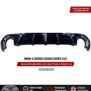 FOR BMW 4 SERIES G26 GRAN COUPE GLOSS BLACK REAR DIFFUSER WITH F1 LED LIGHT