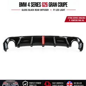 FOR BMW 4 SERIES G26 GRAN COUPE GLOSS BLACK REAR DIFFUSER WITH F1 LED LIGHT