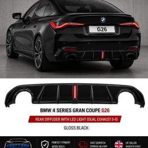FOR BMW 4 SERIES G26 GRAN COUPE GLOSS BLACK REAR DIFFUSER WITH F1 LED LIGHT