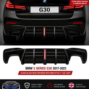 FOR BMW 5 SERIES G30 2017-2023 GLOSS BLACK REAR DIFFUSER WITH F1 LED LIGHT