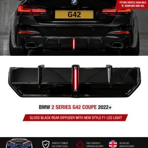 FOR BMW 2 SERIES G42 COUPE 2022+ GLOSS BLACK REAR DIFFUSER WITH F1 LED LIGHT