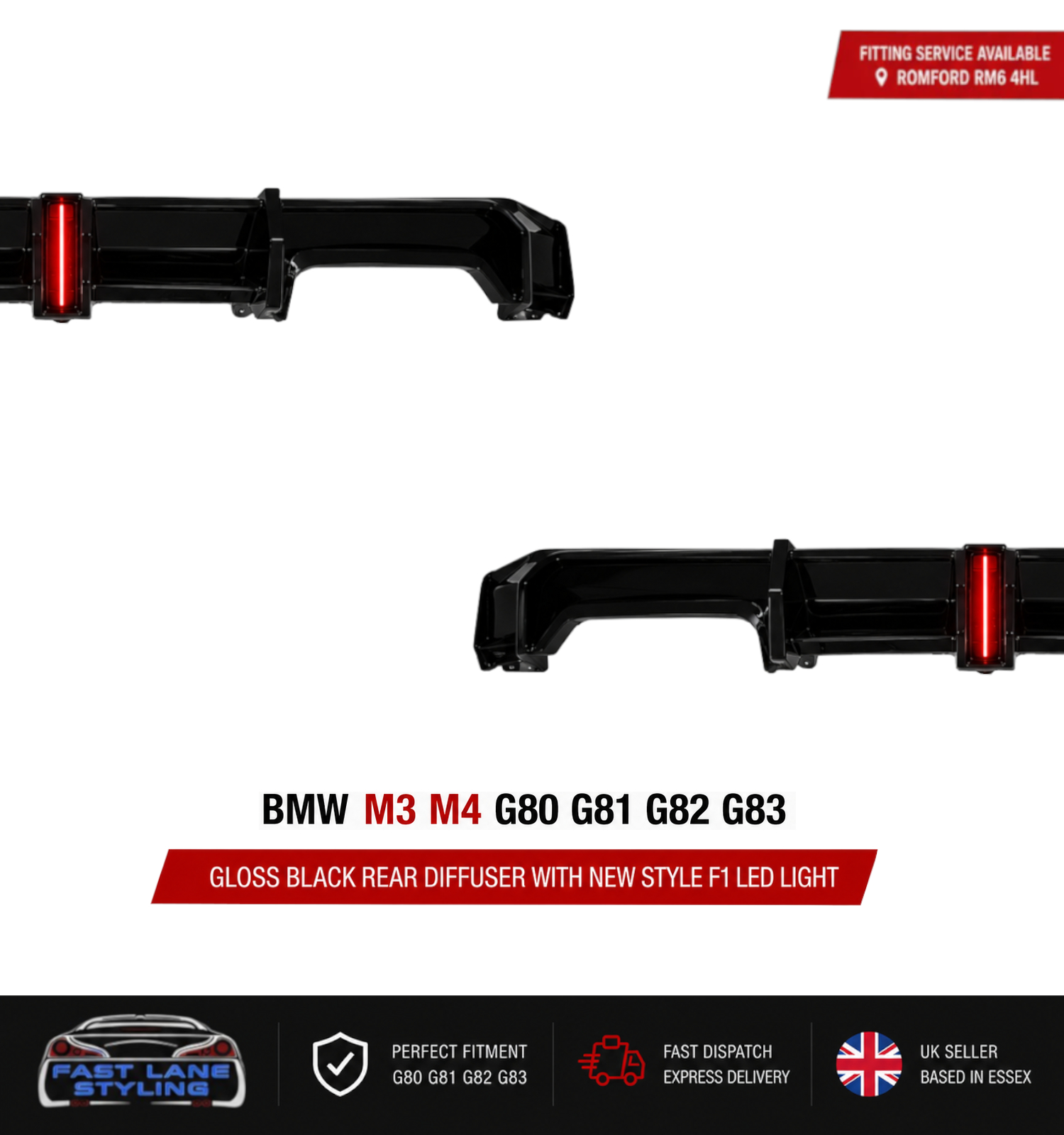 FOR BMW M3 M4 G80 G81 G82 G83 GLOSS BLACK REAR DIFFUSER WITH F1 LED LIGHT - Image 2