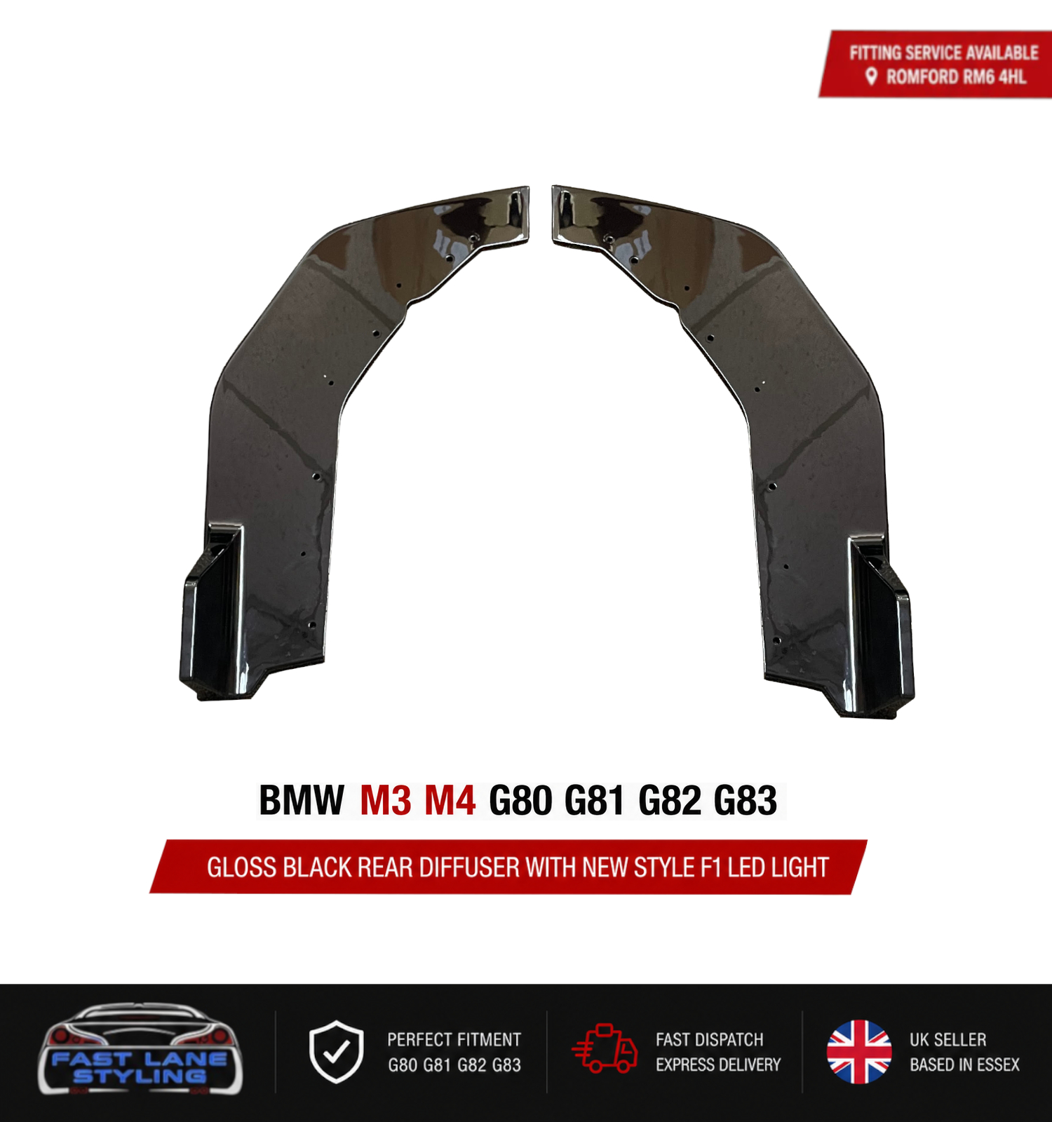 FOR BMW M3 M4 G80 G81 G82 G83 GLOSS BLACK REAR DIFFUSER WITH F1 LED LIGHT - Image 3